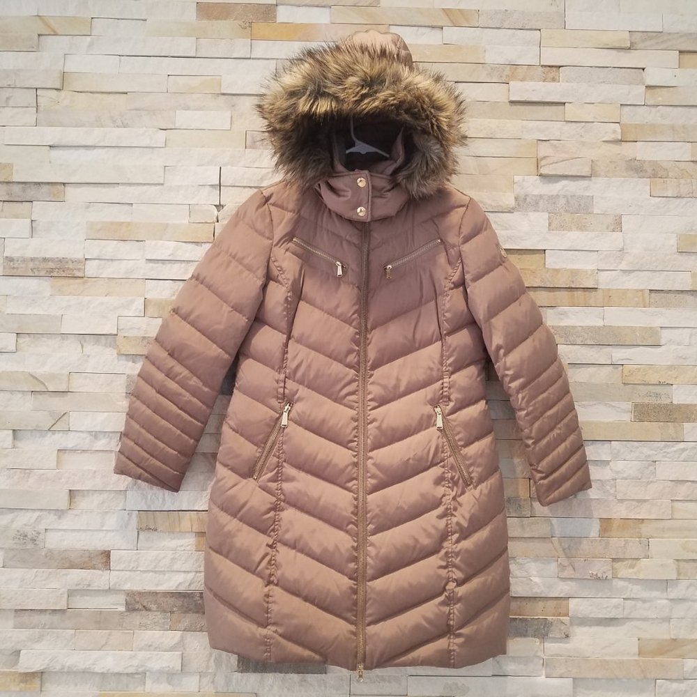 Michael Kors Womens Medium Long Puffer Jacket Coat Full Length Tall Fur Hood